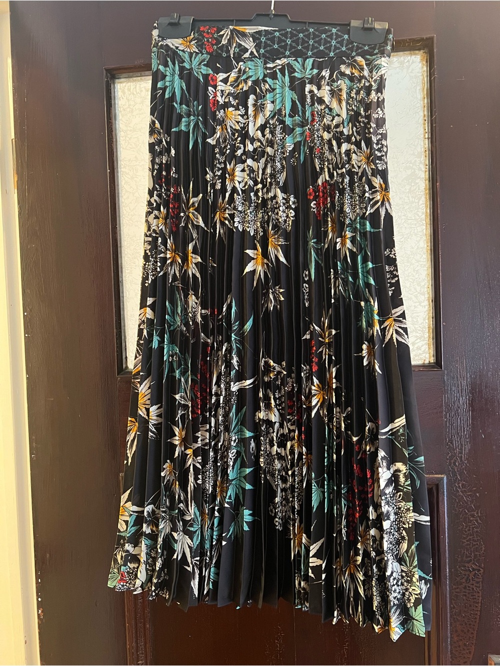 Judith & Charles Floral Pleated Midi Skirt with Teal & Mustard Accents